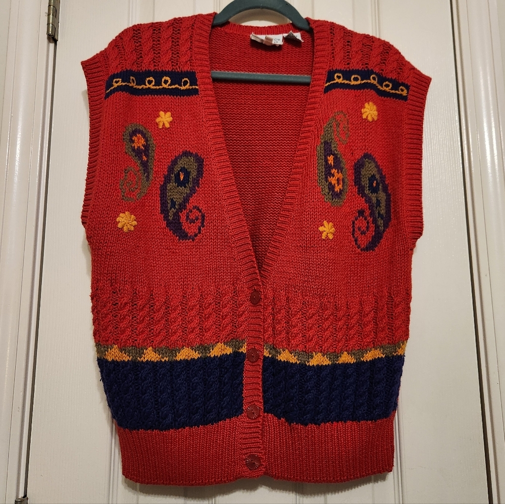 ❤️Vintage Russ V-neck Sleeveless Sweater Vest Red with Paisley Medium